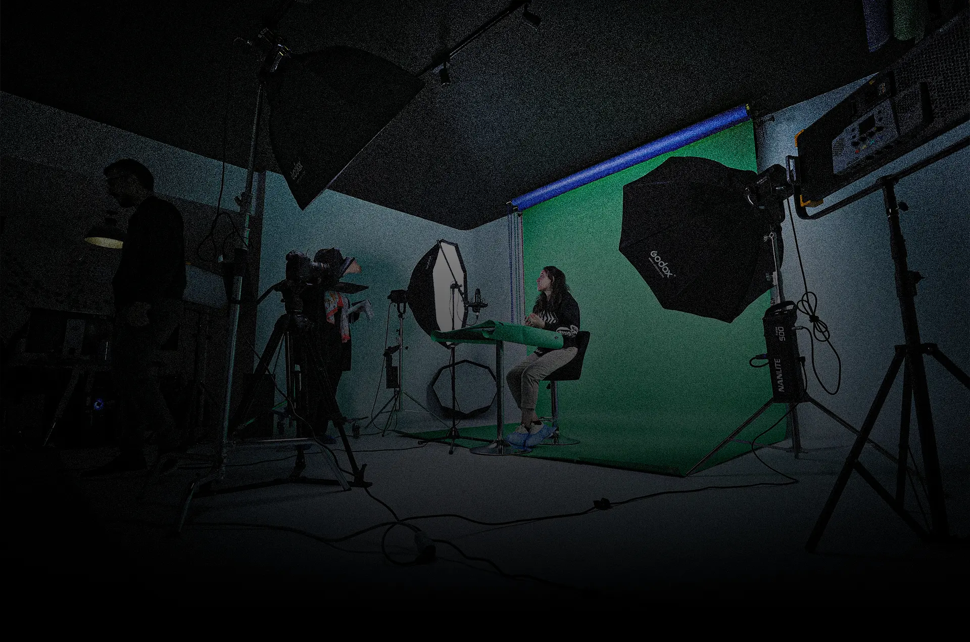 A green-screen interview being filmed in the PK Media studio in Dokki, Giza
